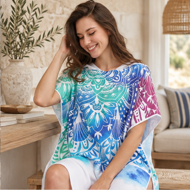 Poncho De Bain Motifs Méditation – Blanc / Adulte, dans un intérieur côtier lumineux