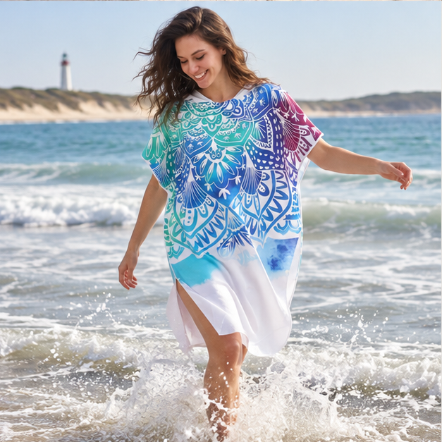 Poncho De Bain Motifs Méditation – Blanc / Adulte, porté en mouvement au bord de l’océan