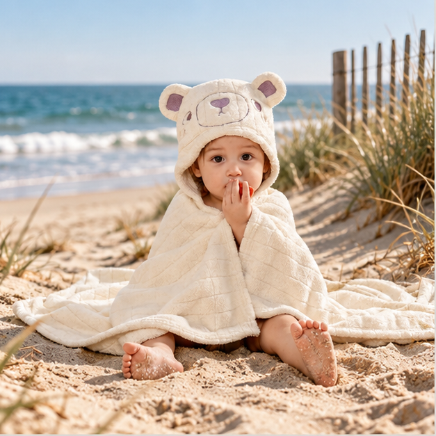 Poncho De Bain Ours Polaire – Blanc / Bébé, en situation sur la côte Atlantique