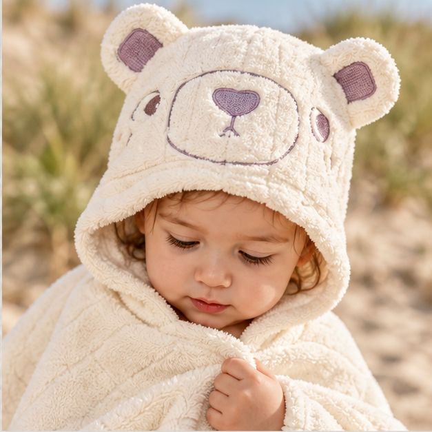 Poncho De Bain Ours Polaire – Blanc / Bébé, dans un intérieur côtier lumineux