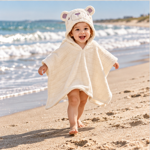 Poncho De Bain Ours Polaire – Blanc / Bébé, porté en mouvement au bord de l’océan