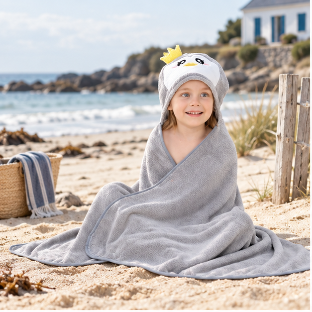 Poncho De Bain Pingouin Gris – Gris / Bébé, en situation sur la côte Atlantique