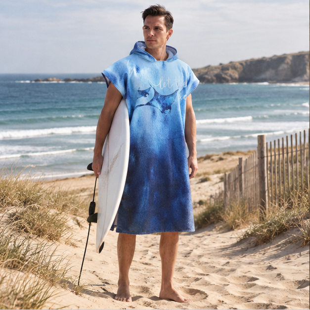 Poncho De Bain Raie Manta Bleu – Bleu / Adulte, en situation sur la côte Atlantique