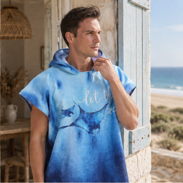 Poncho De Bain Raie Manta Bleu – Bleu / Adulte, dans un intérieur côtier lumineux