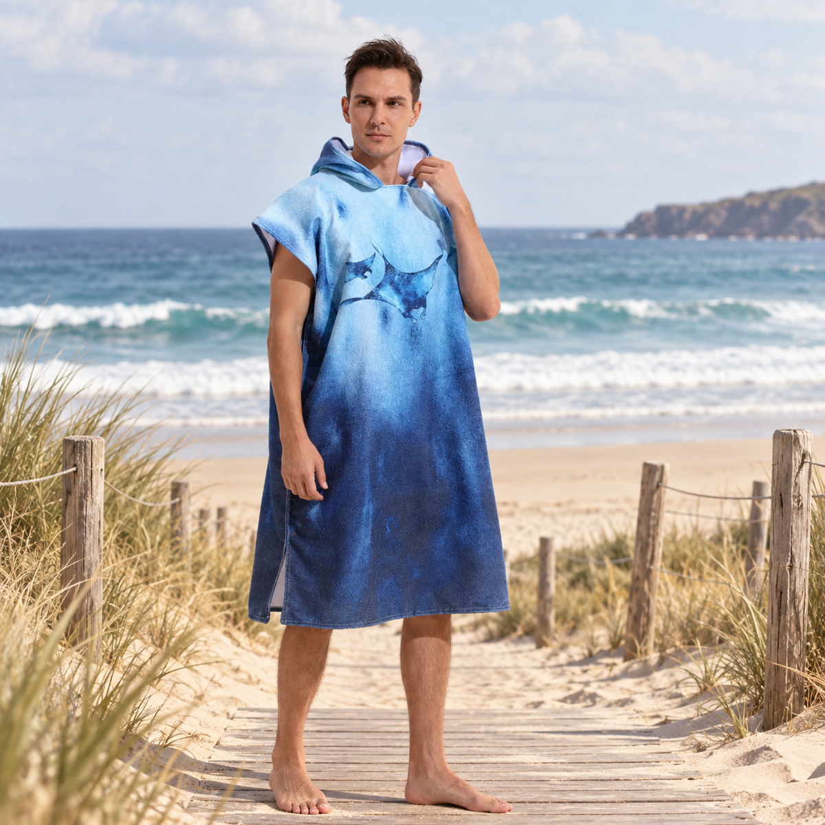 Poncho De Bain Raie Manta Bleu – Bleu / Adulte, visuel principal lifestyle
