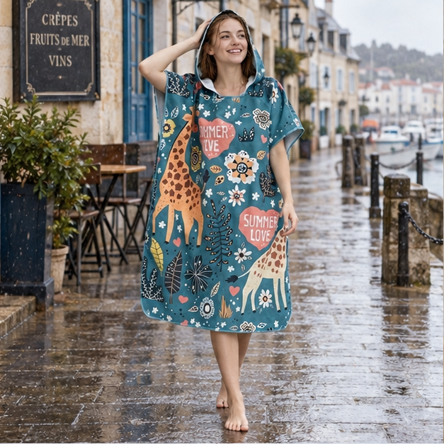 Poncho De Bain Summer Love – Vert Foncé / Adulte, en situation sur la côte Atlantique