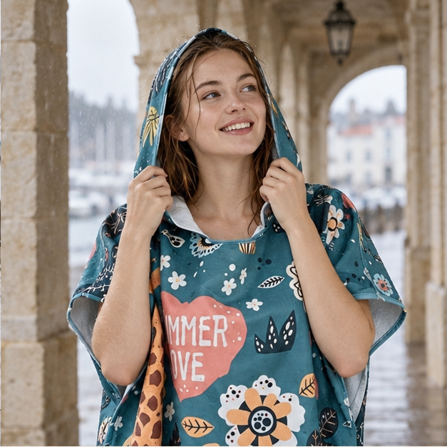 Poncho De Bain Summer Love – Vert Foncé / Adulte, dans un intérieur côtier lumineux