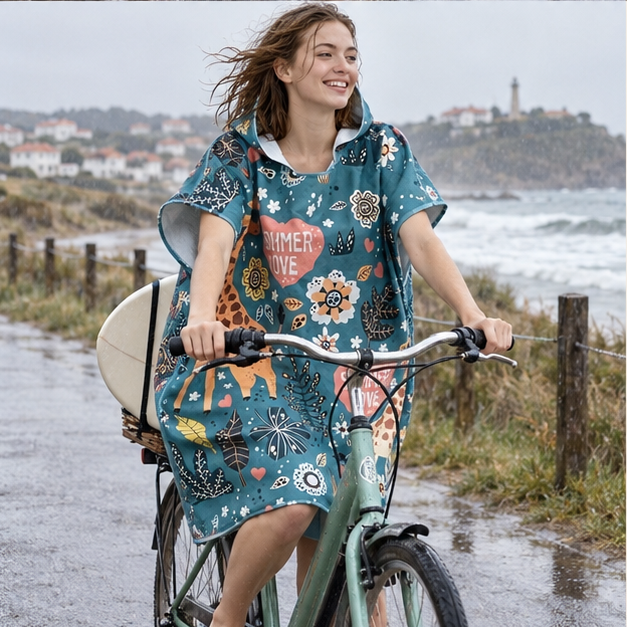 Poncho De Bain Summer Love – Vert Foncé / Adulte, porté en mouvement au bord de l’océan