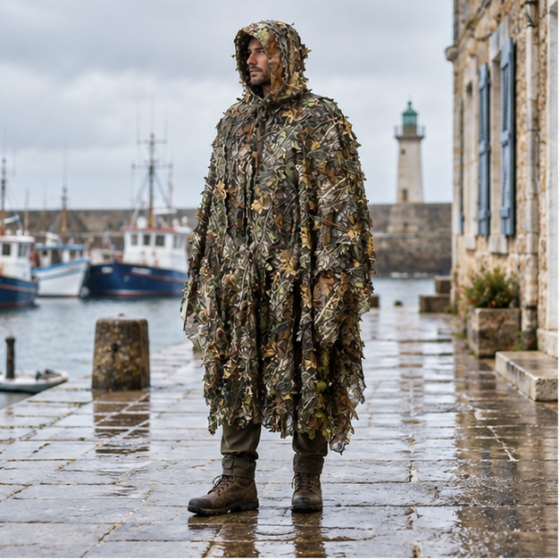 Poncho De Camouflage Feuillu – Vert / Adulte, en situation sur la côte Atlantique