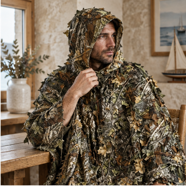 Poncho De Camouflage Feuillu – Vert / Adulte, dans un intérieur côtier lumineux