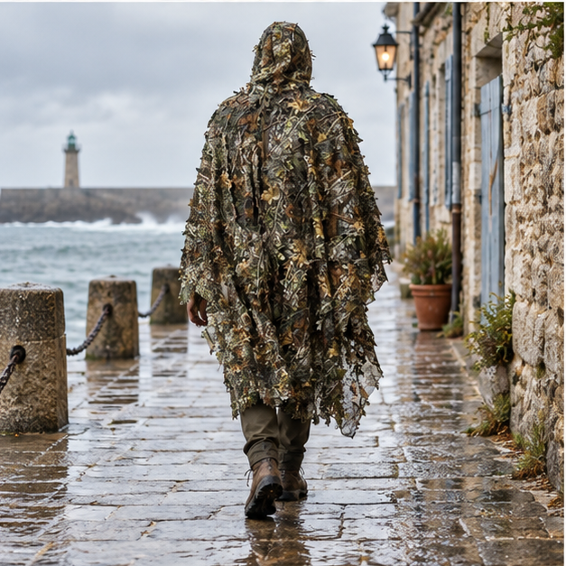 Poncho De Camouflage Feuillu – Vert / Adulte, porté en mouvement au bord de l’océan