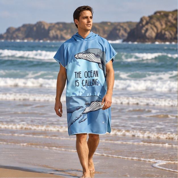 Poncho De Plage Baleine à Bosse – Bleu / Adulte, en situation sur la côte Atlantique