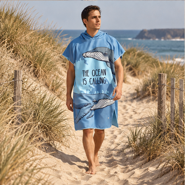 Poncho De Plage Baleine à Bosse – Bleu / Adulte, porté en mouvement au bord de l’océan