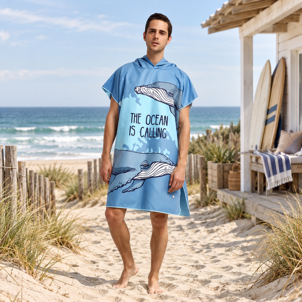 Poncho De Plage Baleine à Bosse – Bleu / Adulte, visuel principal lifestyle