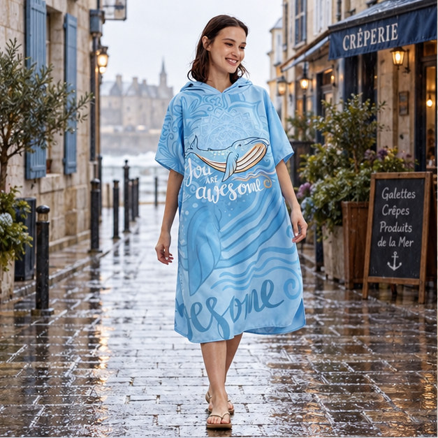Poncho De Plage Baleine Bleue – Bleu / Adulte, en situation sur la côte Atlantique