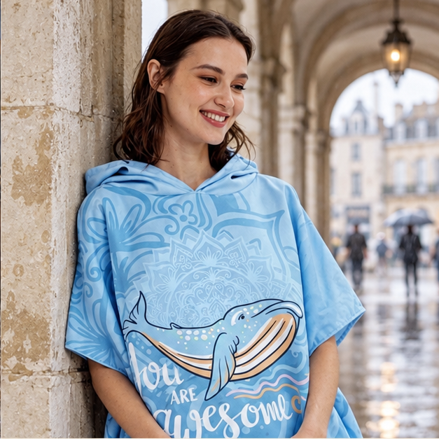 Poncho De Plage Baleine Bleue – Bleu / Adulte, dans un intérieur côtier lumineux