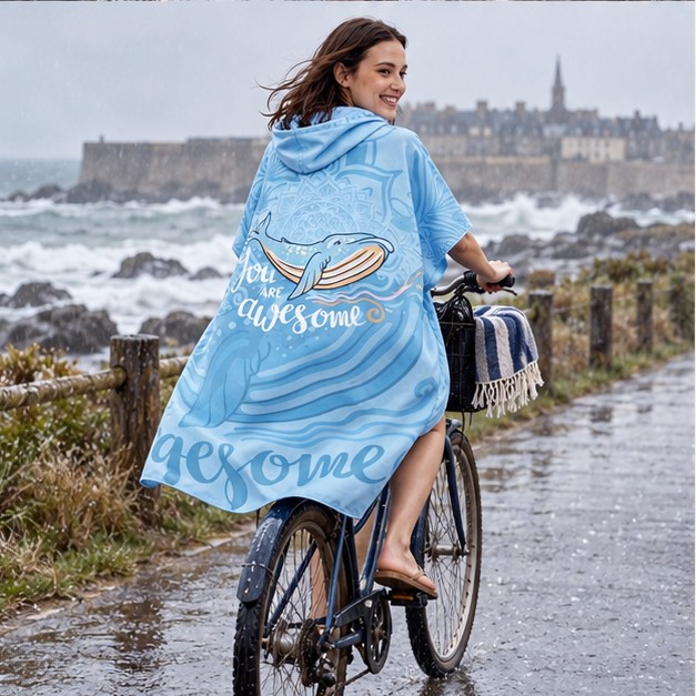 Poncho De Plage Baleine Bleue – Bleu / Adulte, porté en mouvement au bord de l’océan