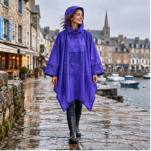Poncho De Pluie Bleu – Bleu / Adulte, en situation sur la côte Atlantique