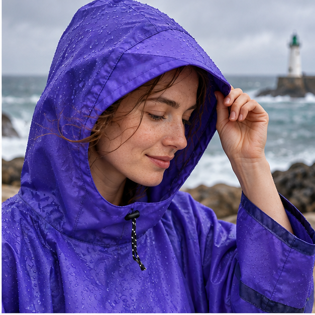 Poncho De Pluie Bleu – Bleu / Adulte, dans un intérieur côtier lumineux