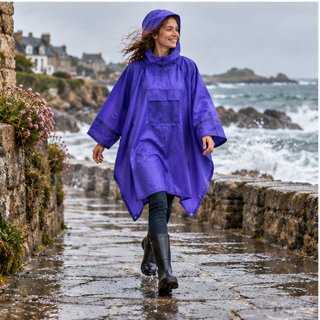 Poncho De Pluie Bleu – Bleu / Adulte, porté en mouvement au bord de l’océan