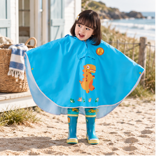 Poncho De Pluie Dinosaure Bleu – Bleu / S, Bleu / M, en situation sur la côte Atlantique