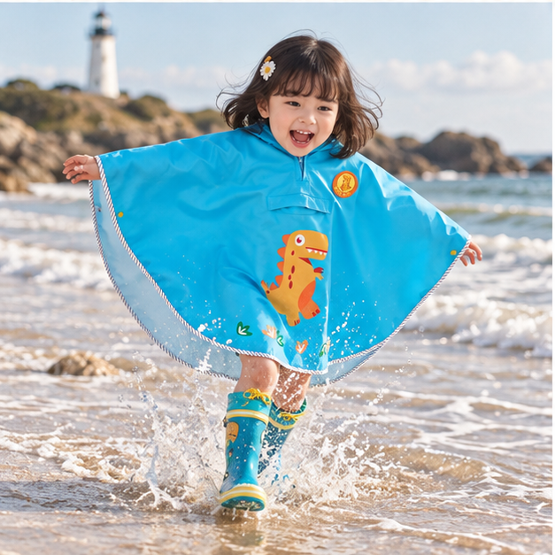 Poncho De Pluie Dinosaure Bleu – Bleu / S, Bleu / M, porté en mouvement au bord de l’océan