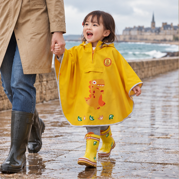Poncho De Pluie Dinosaure Jaune – Jaune / S, Jaune / M, en situation sur la côte Atlantique