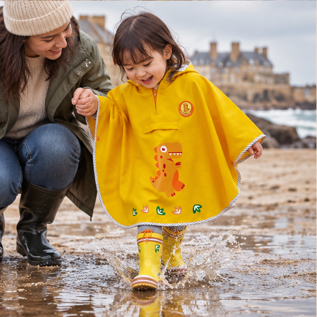 Poncho De Pluie Dinosaure Jaune – Jaune / S, Jaune / M, porté en mouvement au bord de l’océan
