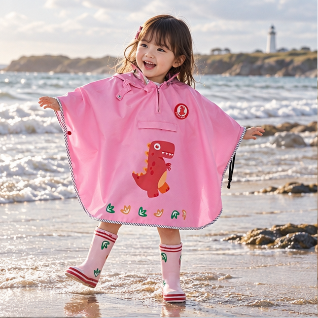 Poncho De Pluie Dinosaure Rose – Rose / S, Rose / M, en situation sur la côte Atlantique