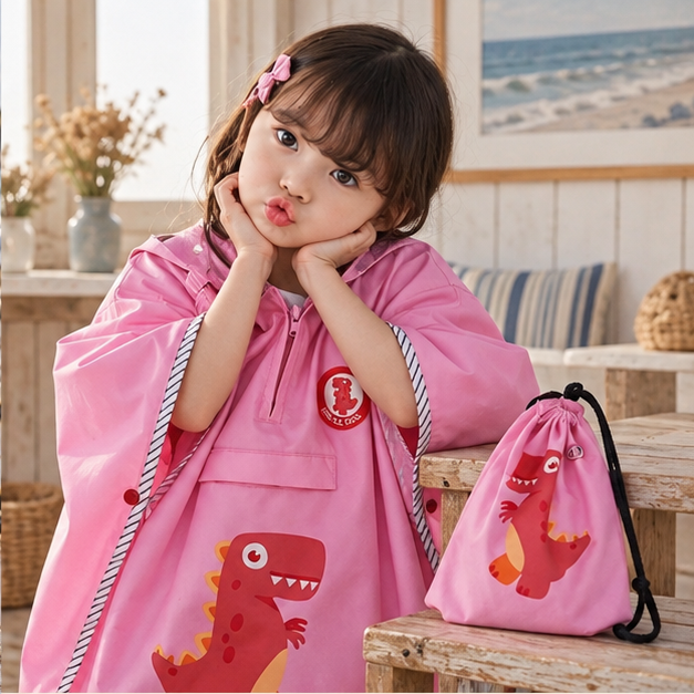 Poncho De Pluie Dinosaure Rose – Rose / S, Rose / M, dans un intérieur côtier lumineux