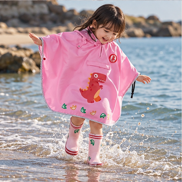Poncho De Pluie Dinosaure Rose – Rose / S, Rose / M, porté en mouvement au bord de l’océan
