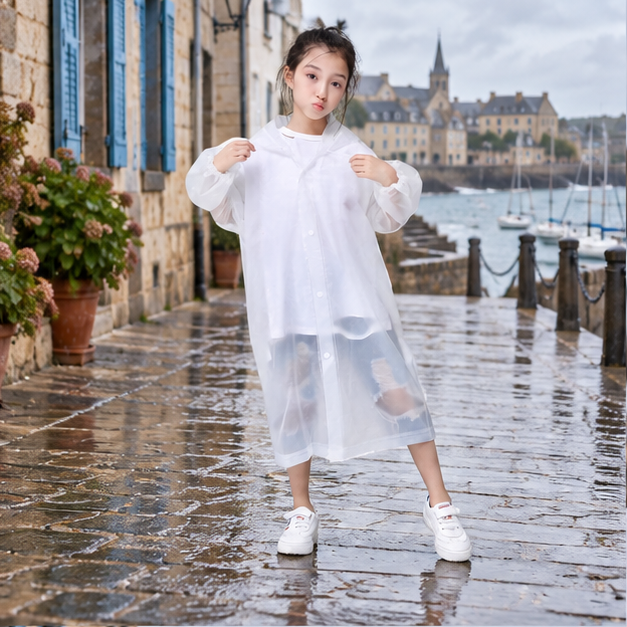 Poncho De Pluie Enfant Blanc – Blanc / Enfant, en situation sur la côte Atlantique