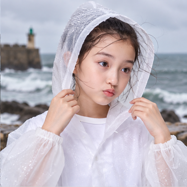 Poncho De Pluie Enfant Blanc – Blanc / Enfant, dans un intérieur côtier lumineux