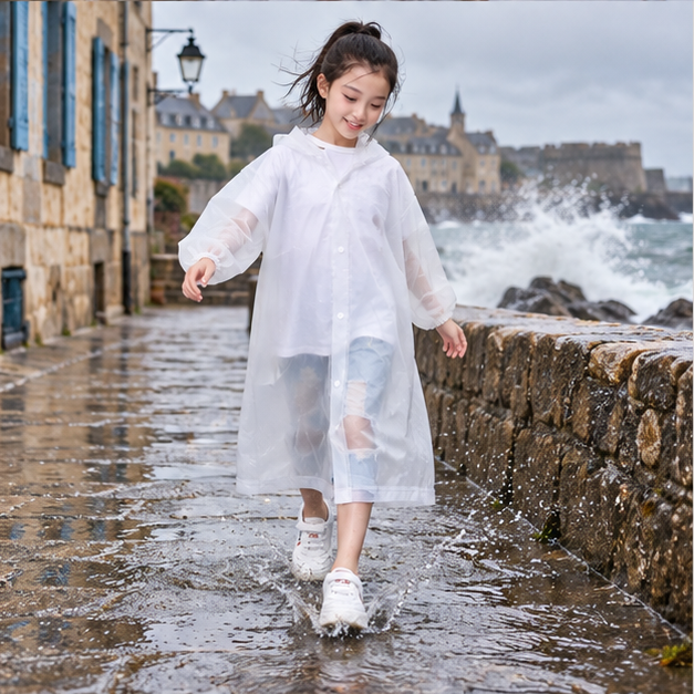 Poncho De Pluie Enfant Blanc – Blanc / Enfant, porté en mouvement au bord de l’océan