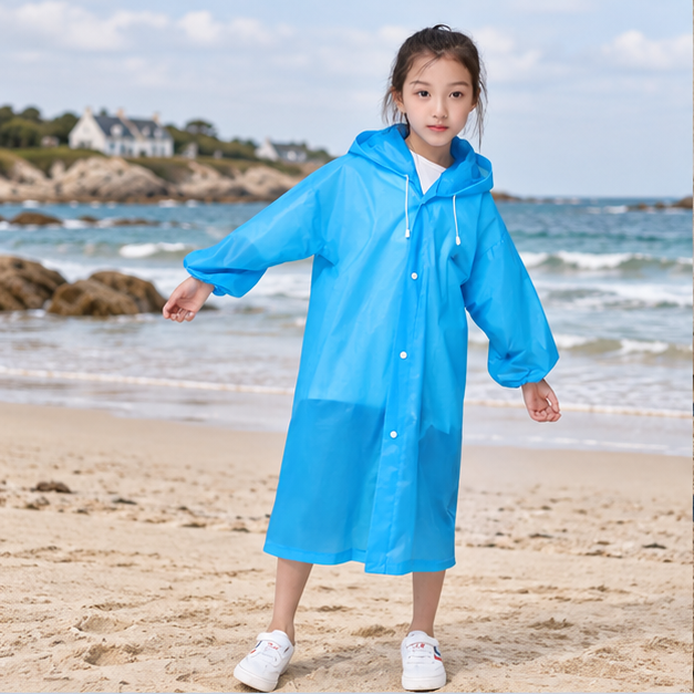 Poncho De Pluie Enfant Bleu – Bleu / Enfant, en situation sur la côte Atlantique