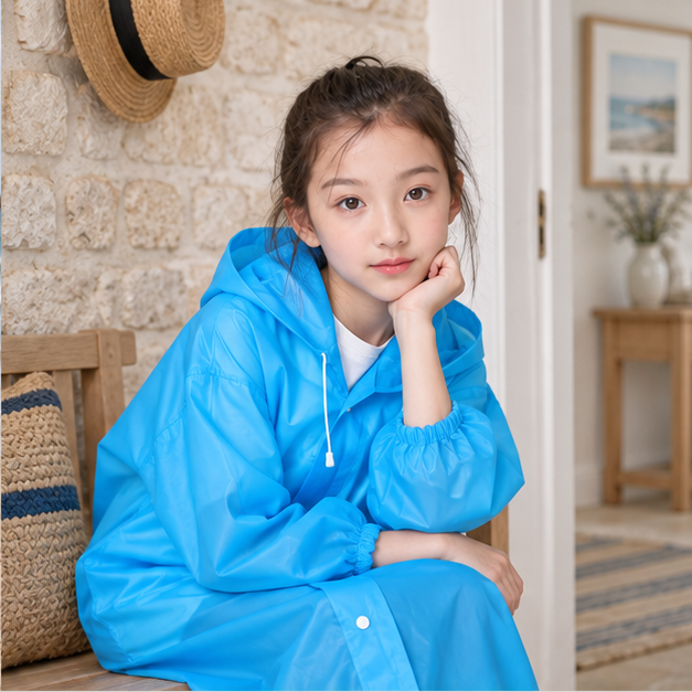 Poncho De Pluie Enfant Bleu – Bleu / Enfant, dans un intérieur côtier lumineux