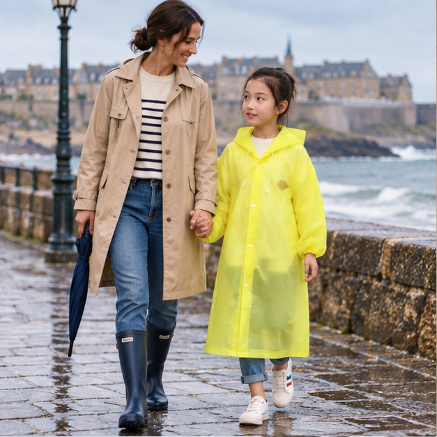 Poncho De Pluie Enfant Jaune – Jaune / Enfant, en situation sur la côte Atlantique