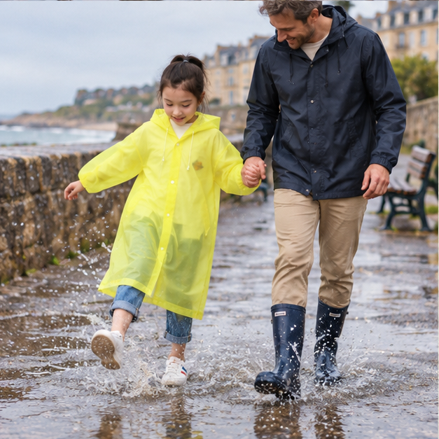 Poncho De Pluie Enfant Jaune – Jaune / Enfant, porté en mouvement au bord de l’océan