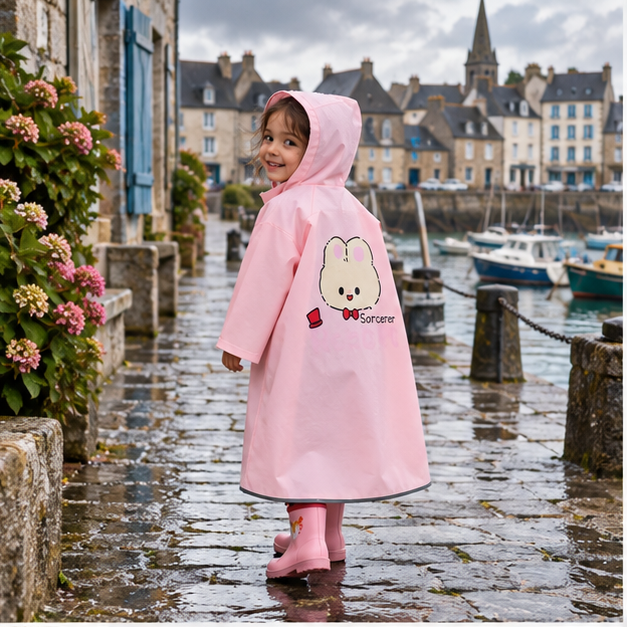 Poncho De Pluie Enfant Lapin – Rose / S, Rose / M, Rose / L, Rose / XL, Rose / XXL, en situation sur la côte Atlantique