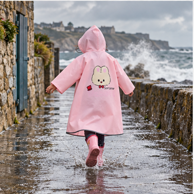 Poncho De Pluie Enfant Lapin – Rose / S, Rose / M, Rose / L, Rose / XL, Rose / XXL, porté en mouvement au bord de l’océan
