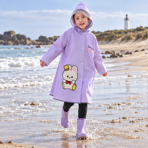 Poncho De Pluie Enfant Lapin – Violet / S, Violet / M, Violet / L, Violet / XL, Violet / XXL, en situation sur la côte Atl…