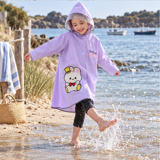 Poncho De Pluie Enfant Lapin – Violet / S, Violet / M, Violet / L, Violet / XL, Violet / XXL, porté en mouvement au bord d…