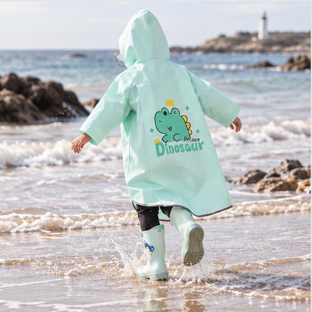 Poncho De Pluie Enfant Prince Dinosaure – Vert / S, Vert / M, Vert / L, Vert / XL, Vert / XXL, porté en mouvement au bord…
