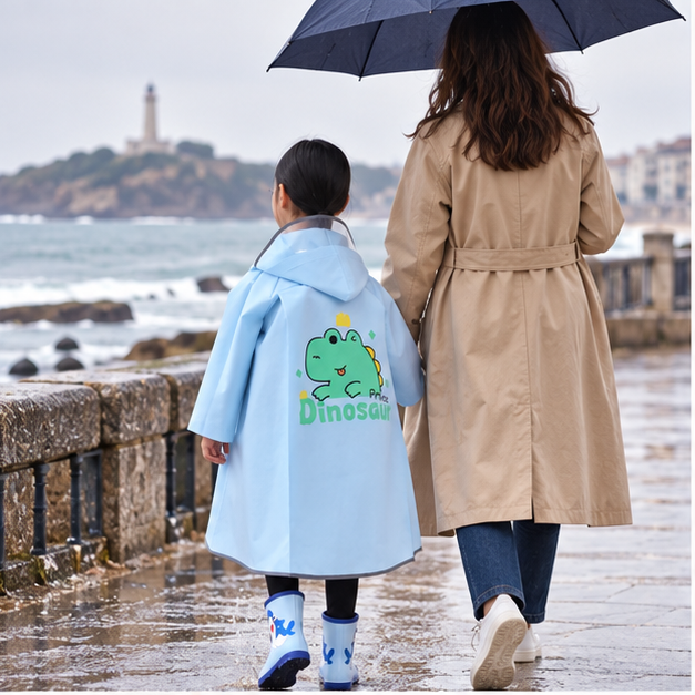 Poncho De Pluie Enfant Prince Dinosaure – Bleu / S, Bleu / M, Bleu / L, Bleu / XL, Bleu / XXL, en situation sur la côte At…
