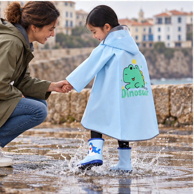 Poncho De Pluie Enfant Prince Dinosaure – Bleu / S, Bleu / M, Bleu / L, Bleu / XL, Bleu / XXL, porté en mouvement au bord…