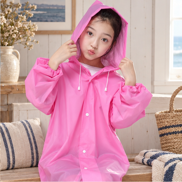 Poncho De Pluie Enfant Rose – Rose / Enfant, dans un intérieur côtier lumineux