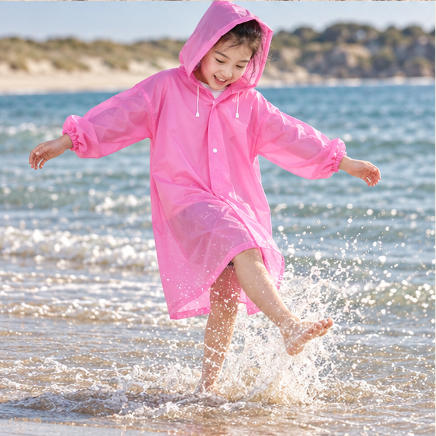 Poncho De Pluie Enfant Rose – Rose / Enfant, porté en mouvement au bord de l’océan