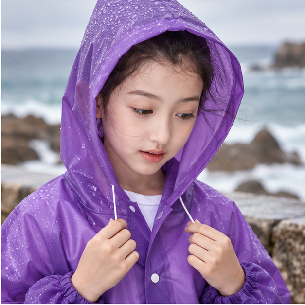 Poncho De Pluie Enfant Violet – Violet / Enfant, dans un intérieur côtier lumineux