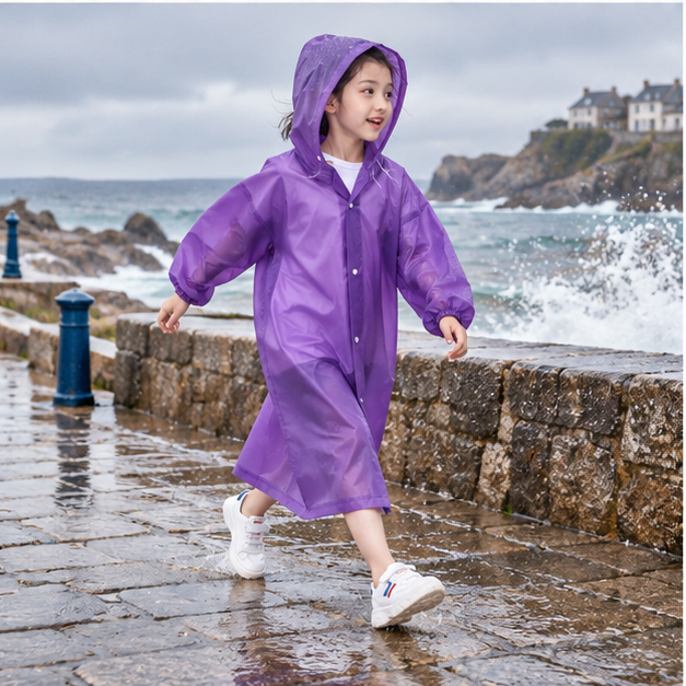 Poncho De Pluie Enfant Violet – Violet / Enfant, porté en mouvement au bord de l’océan