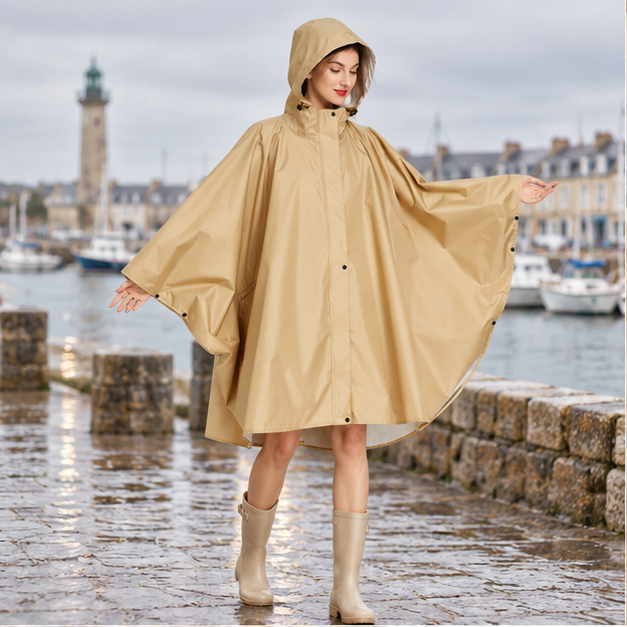 Poncho De Pluie Femme Beige – Beige / Adulte, en situation sur la côte Atlantique